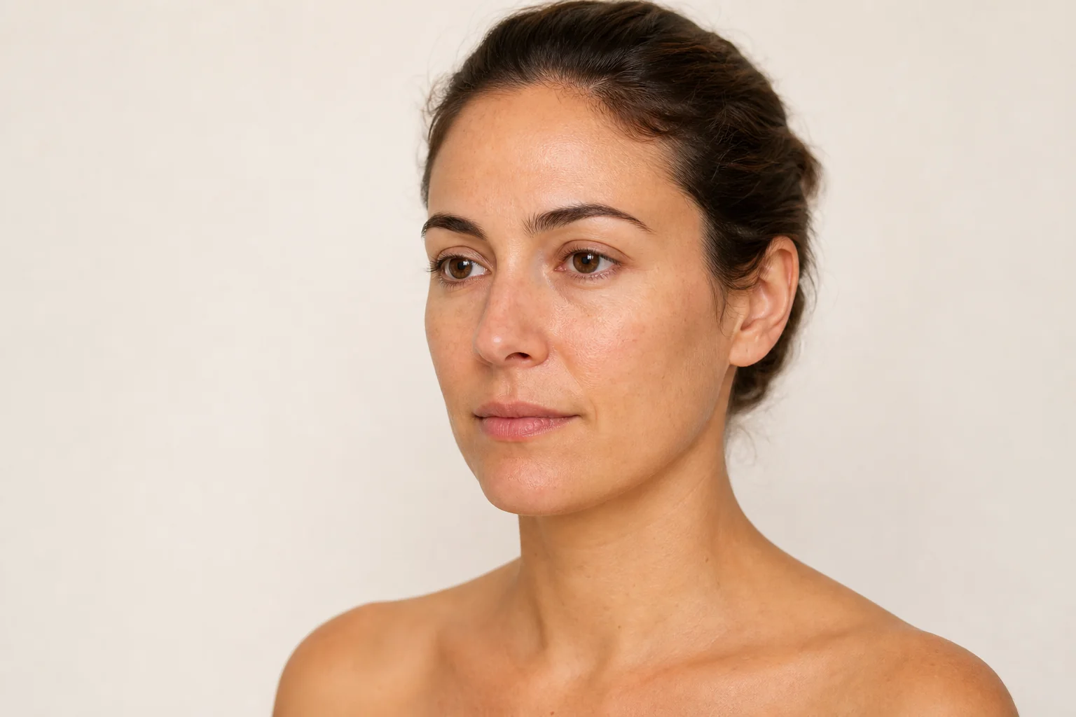 Estudio editorial de un rostro en tres cuartos, con piel natural